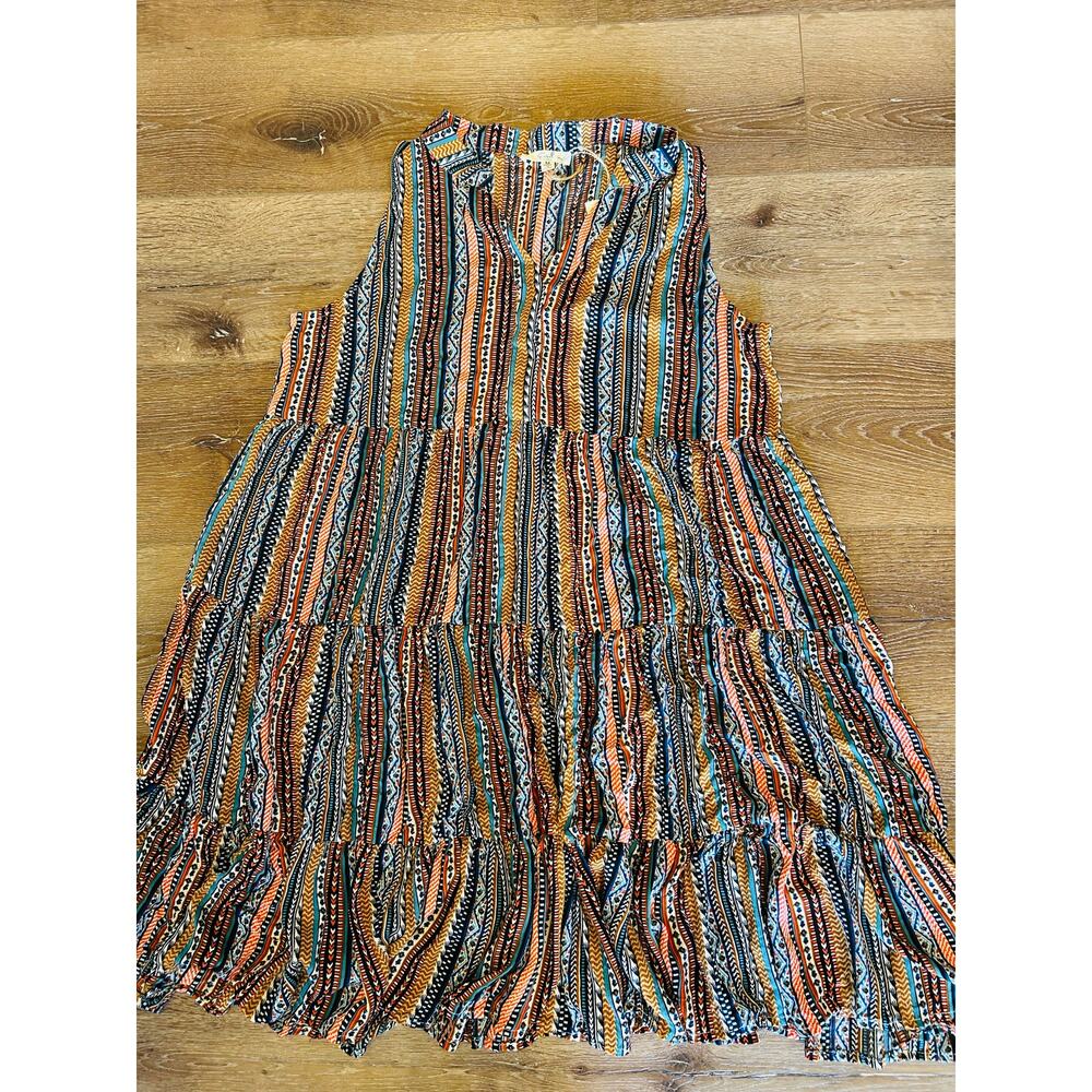 Easel Los Angeles Tiered Mini Dress Womens M Boho Rayon Tribal Print Pockets - Picture 5 of 9